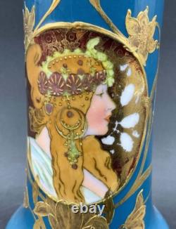 Scarce German GEBRUDER HEUBACH Art Nouveau Deco Blue Porcelain Portrait Vase