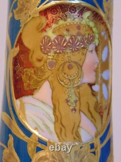Scarce German GEBRUDER HEUBACH Art Nouveau Deco Blue Porcelain Portrait Vase