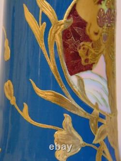 Scarce German GEBRUDER HEUBACH Art Nouveau Deco Blue Porcelain Portrait Vase