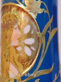 Scarce German GEBRUDER HEUBACH Art Nouveau Deco Blue Porcelain Portrait Vase