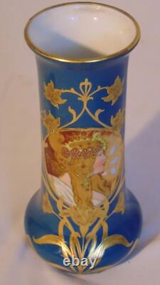 Scarce German GEBRUDER HEUBACH Art Nouveau Deco Blue Porcelain Portrait Vase