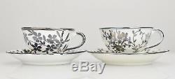 Set of 2 Richard Ginori Italian Silver Overlay Porcelain Mocha Cups & Saucers