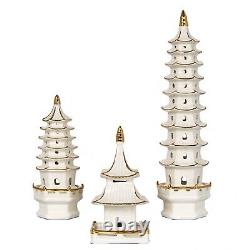 Set of 3 Chinoiserie White Towers Chinese Porcelain Pavilion Pagoda with gold