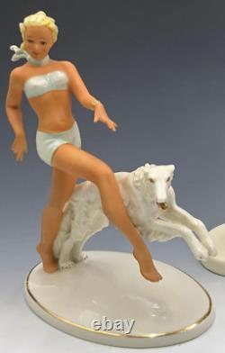 Shaubach Kunst LG 10x8x5 Porcelain Art Deco Figurine Lady Coursing Borzoi Dog