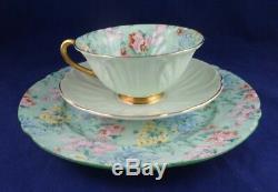 Shelley Melody Chintz Footed Oleander Cup, Saucer & Ripon Green Trim Plate Trio