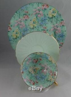 Shelley Melody Chintz Footed Oleander Cup, Saucer & Ripon Green Trim Plate Trio