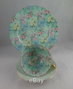 Shelley Melody Chintz Footed Oleander Cup, Saucer & Ripon Green Trim Plate Trio