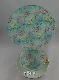 Shelley Melody Chintz Footed Oleander Cup, Saucer & Ripon Green Trim Plate Trio