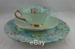 Shelley Melody Chintz Footed Oleander Cup, Saucer & Ripon Green Trim Plate Trio