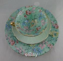 Shelley Melody Chintz Footed Oleander Cup, Saucer & Ripon Green Trim Plate Trio