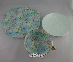 Shelley Melody Chintz Footed Oleander Cup, Saucer & Ripon Green Trim Plate Trio