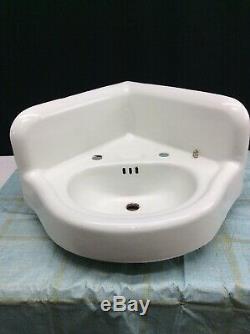 Small Sized Vintage Antique Cast Iron & Porcelain Corner Sink, 18.5 X 18.5