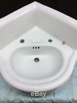 Small Sized Vintage Antique Cast Iron & Porcelain Corner Sink, 18.5 X 18.5