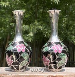 Spahr Art Deco Silver Overlay Porcelain Floral Matching Vases