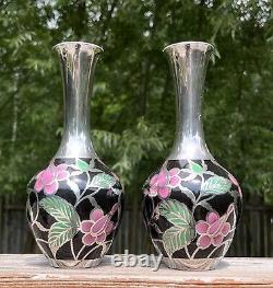 Spahr Art Deco Silver Overlay Porcelain Floral Matching Vases