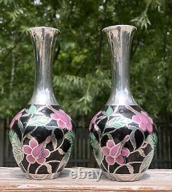 Spahr Art Deco Silver Overlay Porcelain Floral Matching Vases