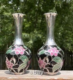 Spahr Art Deco Silver Overlay Porcelain Floral Matching Vases