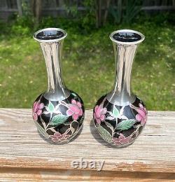 Spahr Art Deco Silver Overlay Porcelain Floral Matching Vases