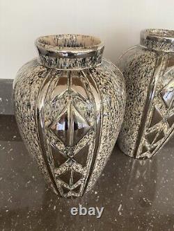 Splendid Art Deco Pair Large Modernist Ceramic Vases Chrome Marble 1930