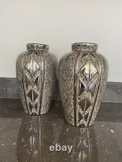 Splendid Art Deco Pair Large Modernist Ceramic Vases Chrome Marble 1930