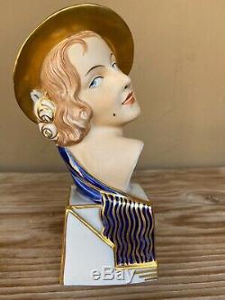 Stunning Royal Dux 1930 Art Deco porcelain bust of Elly Strobach. Czechoslovakia
