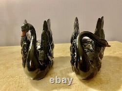 Stunning Set Of 2 Vintage Art Porcelain Black Swan Sculptures FF Japan (a Pair)