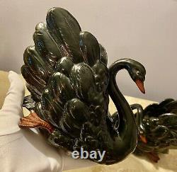 Stunning Set Of 2 Vintage Art Porcelain Black Swan Sculptures FF Japan (a Pair)