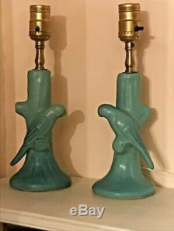 TWO PERFECT Van Briggle Pottery Bird lamp Base TURQUOISE BLUE Parakeet VINTAGE