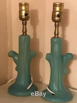 TWO PERFECT Van Briggle Pottery Bird lamp Base TURQUOISE BLUE Parakeet VINTAGE