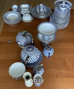 Unique Iconic Russian Imperial Lomonosov Porcelain Cobalt Net Tea Set 22Gold
