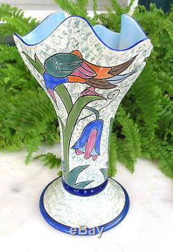 Unusual Art Deco Noritake Vase With Colorful Birds & Flowers