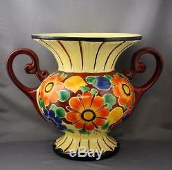 VTG Art Deco Czech Pottery Floral Trophy Vase Czechoslovakia Hand Painted