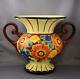 Vtg Art Deco Czech Pottery Floral Trophy Vase Czechoslovakia Hand Painted