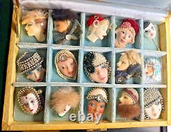 VTG Art Deco Lady Face Flapper Brooch Lot Rhinestone Porcelain 15 Pieces w Box