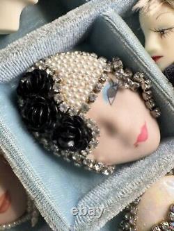 VTG Art Deco Lady Face Flapper Brooch Lot Rhinestone Porcelain 15 Pieces w Box