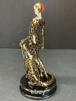VTG Franklin Mint Erte Art Deco Lady w Leopard Ocelot Porcelain Figurine Rare