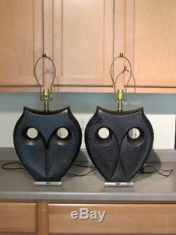VTG Pair Ultra Modern Black & Gray Speckled Haeger Art Deco Pottery Owl Lamps