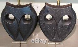 VTG Pair Ultra Modern Black & Gray Speckled Haeger Art Deco Pottery Owl Lamps