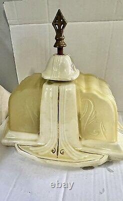 VTG Porcelier Art Deco Glass Slip Shade Ceiling 2 Light Fixture Porcelain 1930s