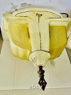 VTG Porcelier Art Deco Glass Slip Shade Ceiling 2 Light Fixture Porcelain 1930s