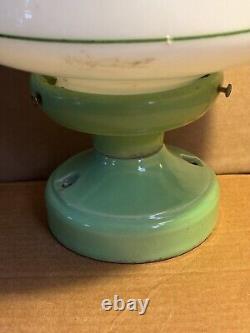 Vintage 1930s Alabax Green Porcelain Light Fixture Ceiling Mount Art Deco Stripe