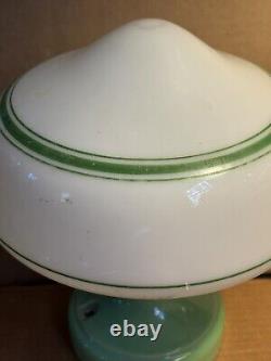 Vintage 1930s Alabax Green Porcelain Light Fixture Ceiling Mount Art Deco Stripe