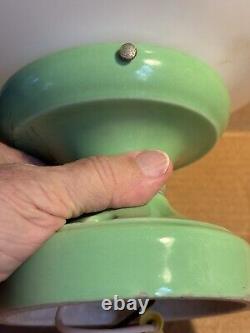 Vintage 1930s Alabax Green Porcelain Light Fixture Ceiling Mount Art Deco Stripe