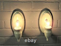 Vintage Antique Pair Porcelain Wall Sconces Vanity Lights Rare Celery Green