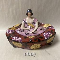 Vintage Art Deco Aladin French Porcelain Lidded Inkwell Figural Lady Woman