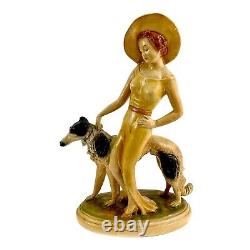 Vintage Art Deco Ceramic Statue 20 Posh Hat Lady Figure with Borzois Dog