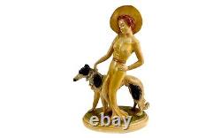 Vintage Art Deco Ceramic Statue 20 Posh Hat Lady Figure with Borzois Dog