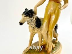 Vintage Art Deco Ceramic Statue 20 Posh Hat Lady Figure with Borzois Dog