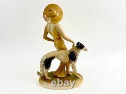 Vintage Art Deco Ceramic Statue 20 Posh Hat Lady Figure with Borzois Dog