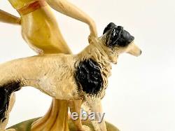 Vintage Art Deco Ceramic Statue 20 Posh Hat Lady Figure with Borzois Dog